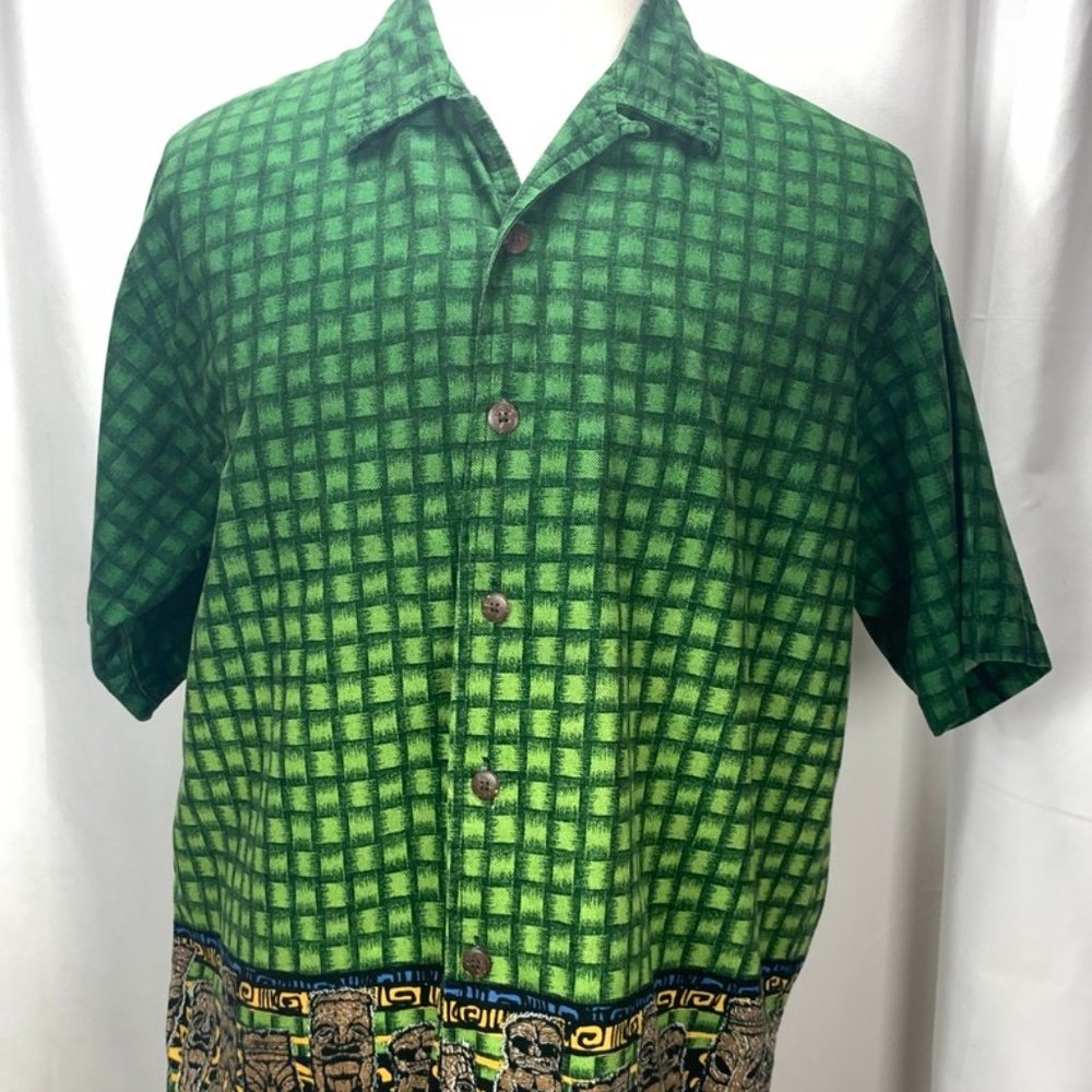 Tiki Hawaiian Button Up Basketweave Print Shirt - image 1